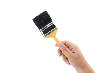 beyaz bir b izole ahşap saplı boya fırçası ile adam el