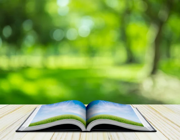 Natuur uit een open boek op houten tafel met natuur achtergrond — Stockfoto