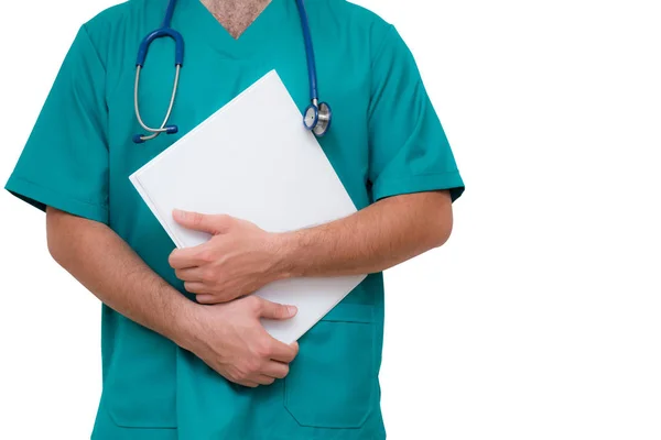 Arzt mit Stethoskop und Akte isoliert auf weißem Rücken — Stockfoto