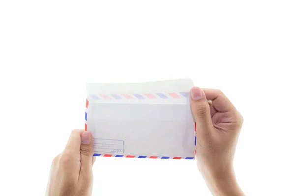 Open de envelop met de hand geïsoleerd op witte achtergrond-knippen — Stockfoto
