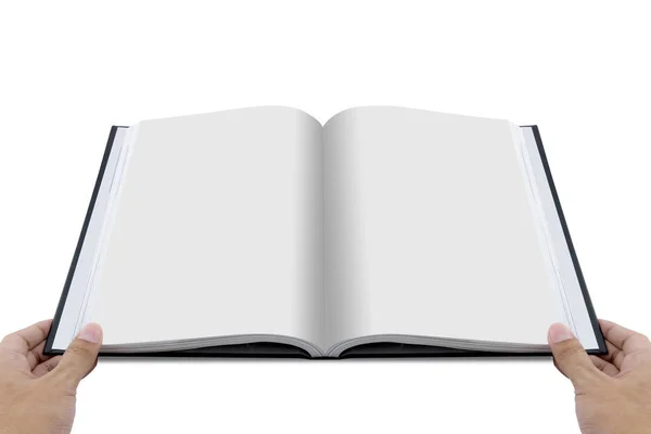 Hand opening wit dagboek met blanco pagina's mockup-Magazine te — Stockfoto