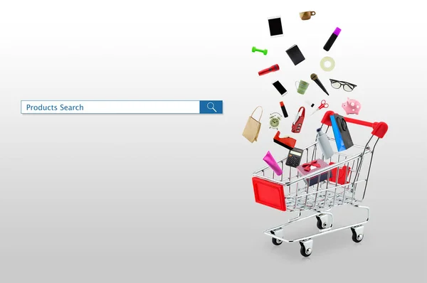 Small shopping cart with products and search products button for