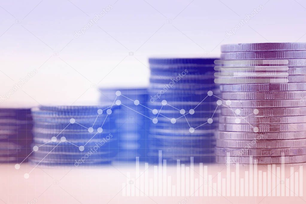 Double exposure in blue tone of graph and coins for finance - bu