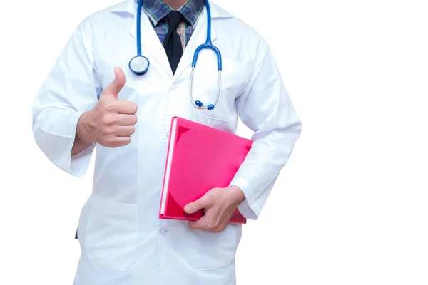Close up of male doctor hand showing thumbs up and holding file. — Stock Photo, Image