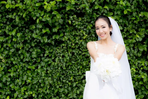 Schöne junge Frau am Hochzeitstag im weißen Kleid im Baum — Stockfoto