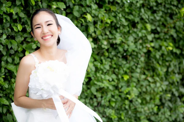 Bella giovane donna il giorno del matrimonio in abito bianco sull'albero — Foto Stock