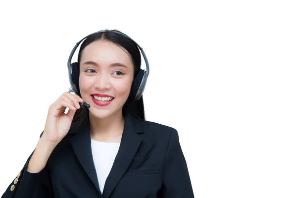 Bela mulher asiática sorrindo serviço ao cliente falando na cabeça — Fotografia de Stock