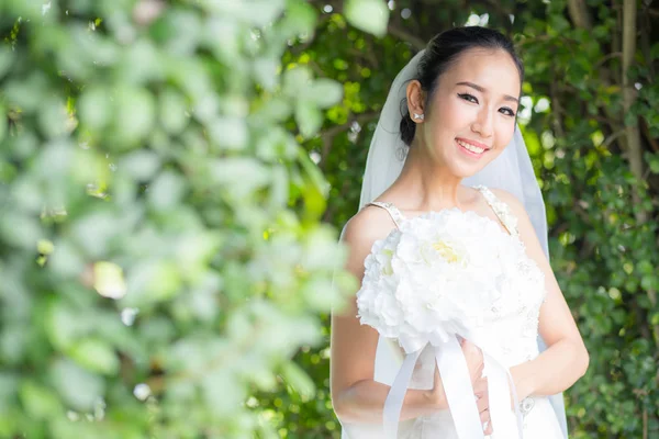 Belle jeune femme le jour du mariage en robe blanche dans l'arbre — Photo