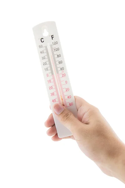 Mann hält ein Thermometer mit globaler Erwärmung und hoher Temperatur in der Hand — Stockfoto