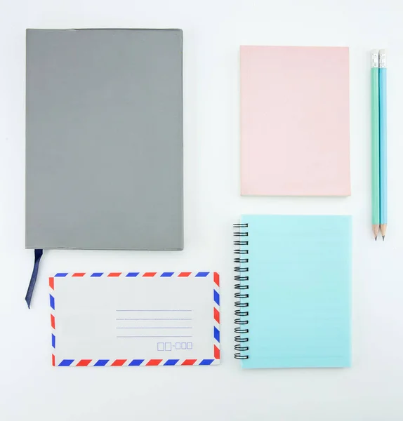 school supplies, stationery accessories on white background. Fla