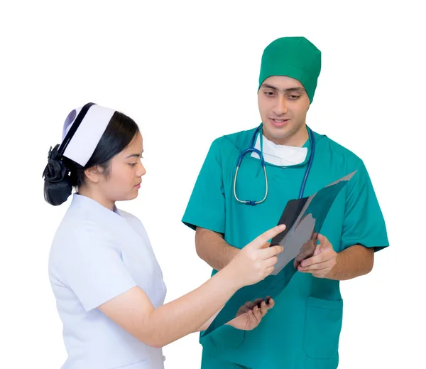 Asian man doctor and woman nurse with discuss about film x-ray r — Stock Photo, Image
