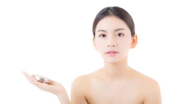 Mujer asiática belleza celebración en polvo soplo, cosméticos hermosa conc —  Fotos de Stock