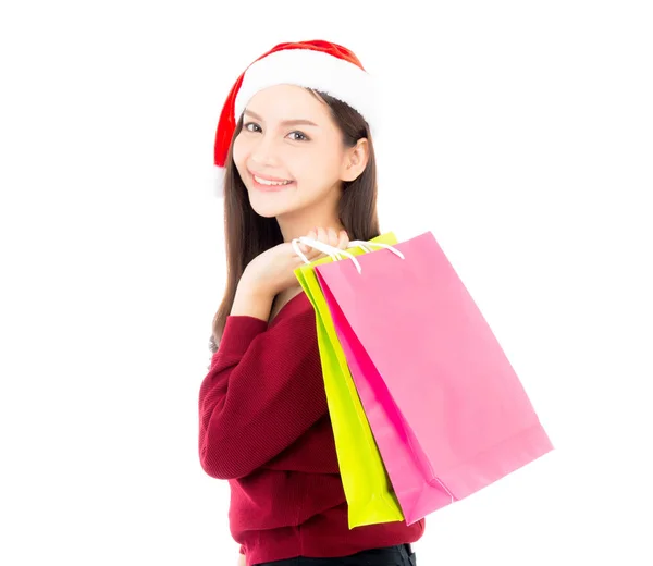 Happy fashion mulher asiática com sorriso segurando saco de papel de compras , — Fotografia de Stock