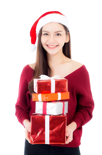 Feliz mulher asiática com sorriso segurando caixa de presente muitos de xmas, Pres — Fotografia de Stock