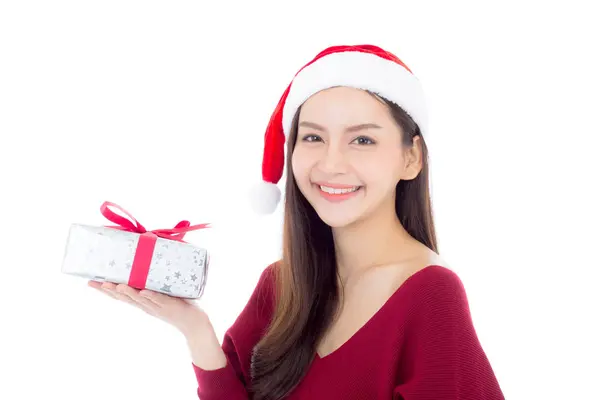 Feliz mulher asiática com sorriso segurando caixa de presente de xmas, Presente g — Fotografia de Stock