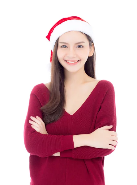 Retrato de hermosa mujer joven asiática con salud en sombrero de santa —  Fotos de Stock