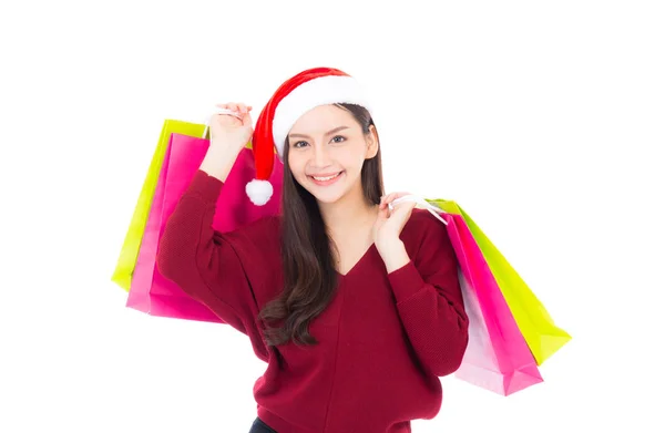 Felice moda donna asiatica con il sorriso tenendo sacchetto di carta shopping , — Foto Stock