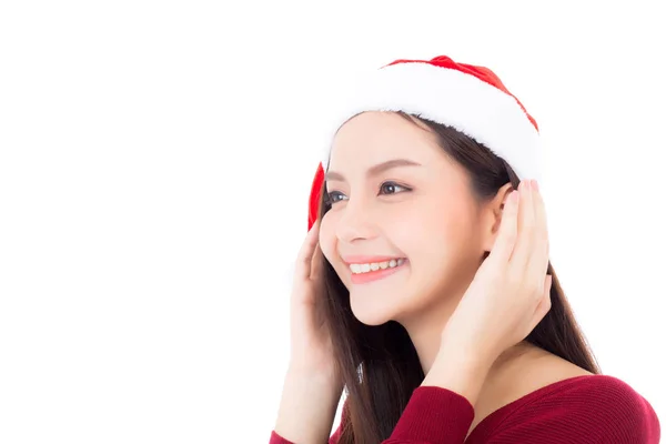 Navidad Santa sombrero de joven mujer asiática retrato, chica con smi —  Fotos de Stock