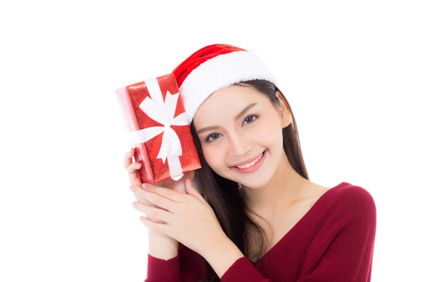 Feliz mulher asiática com sorriso segurando caixa de presente de xmas, Presente g — Fotografia de Stock