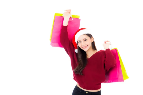 Happy fashion mulher asiática com sorriso segurando saco de papel de compras , — Fotografia de Stock