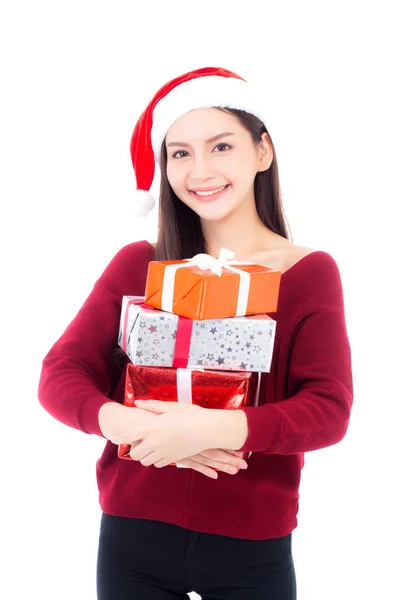 Feliz mulher asiática com sorriso segurando caixa de presente muitos de xmas, Pres — Fotografia de Stock