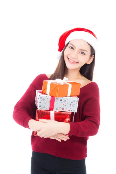Щаслива азіатська жінка з посмішкою тримає подарункову коробку багато Різдва, Pres — стокове фото
