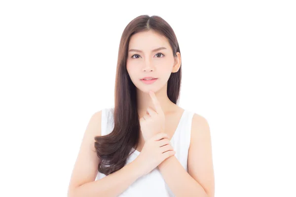 Retrato de hermosa mujer asiática maquillaje de cosmética, mano de niña —  Fotos de Stock