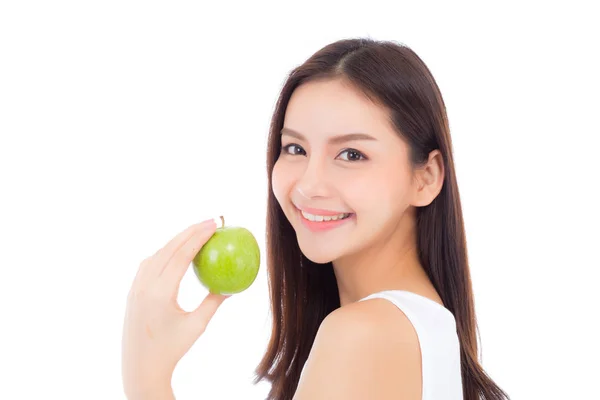 美しい若いアジアの女性の笑顔と緑のリンゴの果実を保持 — ストック写真