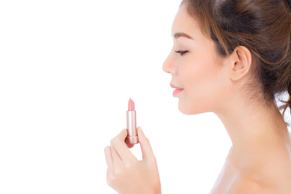Bellezza asiatico donna applicando make up con rossetto di bocca isola — Foto Stock