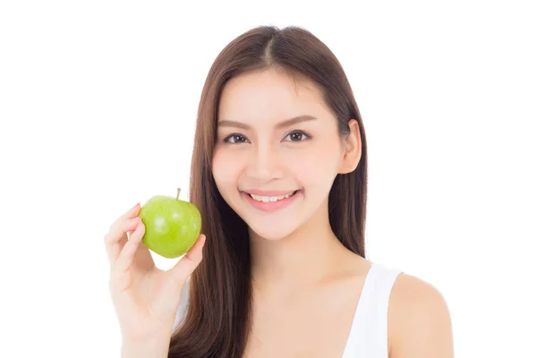 Bela jovem ásia mulher sorriso e segurando verde maçã fruta — Fotografia de Stock