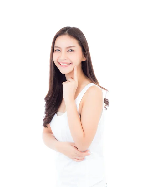 Retrato de bela mulher asiática maquiagem de cosméticos, menina mão — Fotografia de Stock