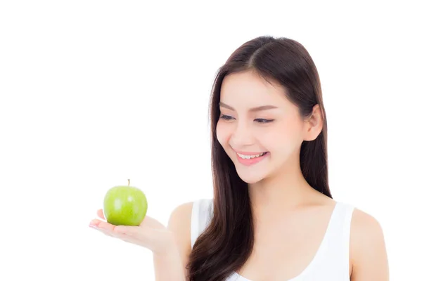 Bela jovem ásia mulher sorriso e segurando verde maçã fruta — Fotografia de Stock