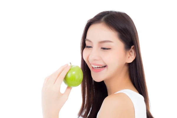 Hermosa joven asiática mujer sonrisa y celebración verde manzana fruta — Foto de Stock