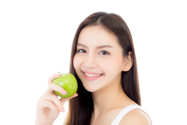 Bela jovem ásia mulher sorriso e segurando verde maçã fruta — Fotografia de Stock