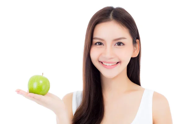 Bela jovem ásia mulher sorriso e segurando verde maçã fruta — Fotografia de Stock