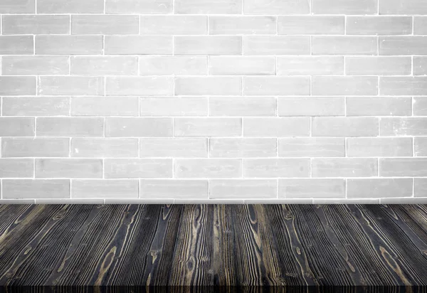 Pusty drewniany blat z cegły grunge biały wzór szablonu — Zdjęcie stockowe