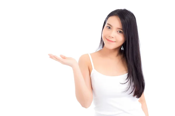 Asiático bela jovem mulher mostrando com saudável pele limpa pres — Fotografia de Stock