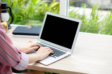 Dizüstü bilgisayarda online çalışan portre asya genç kadın Güzel