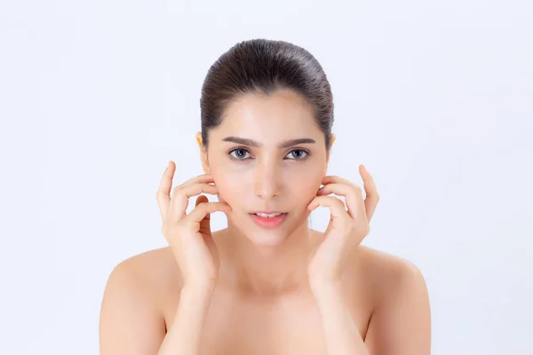 Retrato de mujer hermosa maquillaje de cosmética, chica toque de la mano — Foto de Stock