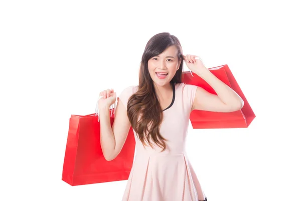 Portrait of asian beautiful young woman holding shopping bag wit — Stok Foto