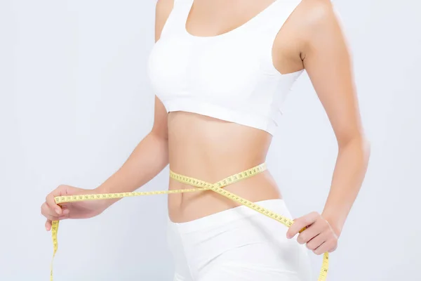 Mulher asiática dieta e magro com medição da cintura para isolat peso — Fotografia de Stock
