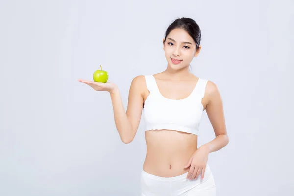 Portrétní asijská žena s úsměvem na zelených jablkový ovoce — Stock fotografie