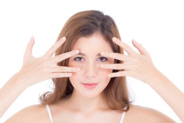 Kozmetik güzel kadın makyaj Portresi, kız el göz bir