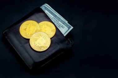 Deri cüzdan us dolar siyah bac izole ile Altın bitcoin