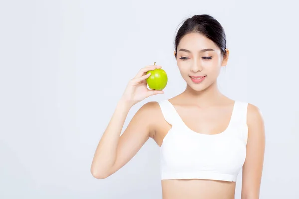 Retrato mulher asiática sorrindo segurando maçã verde fruta e beaut — Fotografia de Stock