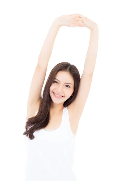 Bonito retrato asiático jovem mulher sorrindo esticar mão com e — Fotografia de Stock