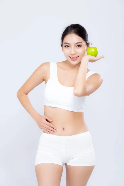 Porträtt asiatisk kvinna leende hålla grönt äpple frukt och Beaut — Stockfoto