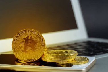 Bitcoin akıllı cep telefonu ve dizüstü bilgisayar, altın sikke zekâ