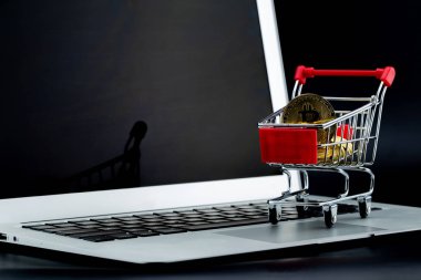 Dizüstü bilgisayarda altın bitcoin ile alışveriş sepetleri izole 