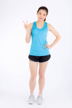 Tam uzunlukta güzel portre genç asya kadın mutlu ve gülümseme